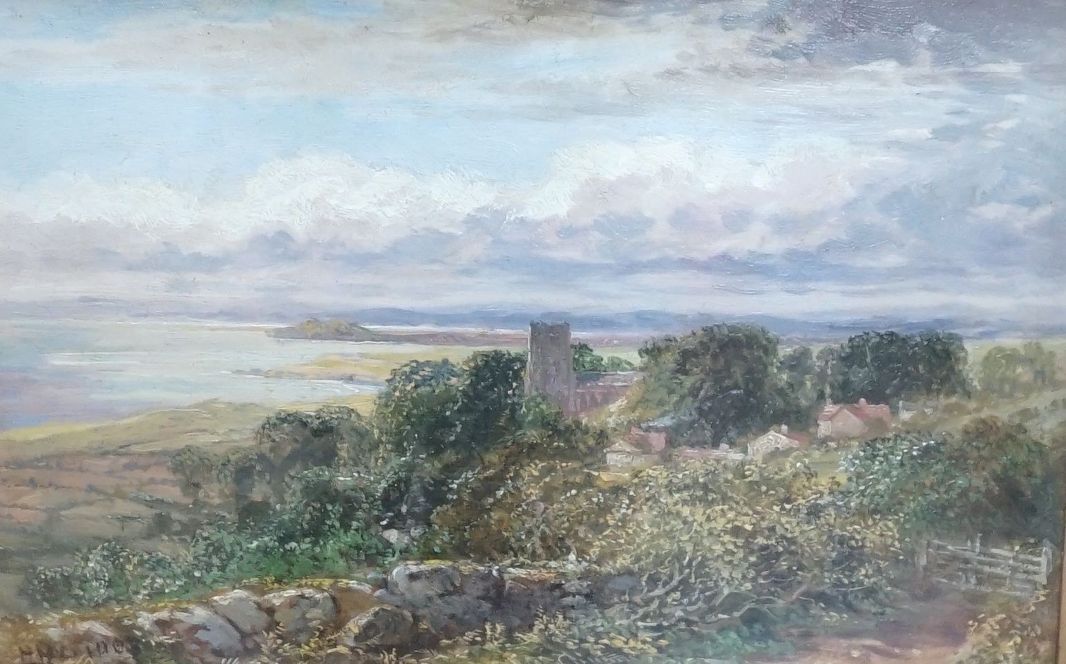 Henry Harris Lines (1800-1889) oil on board, Village by the coast call mark 19.5 cm X 29.5 cm